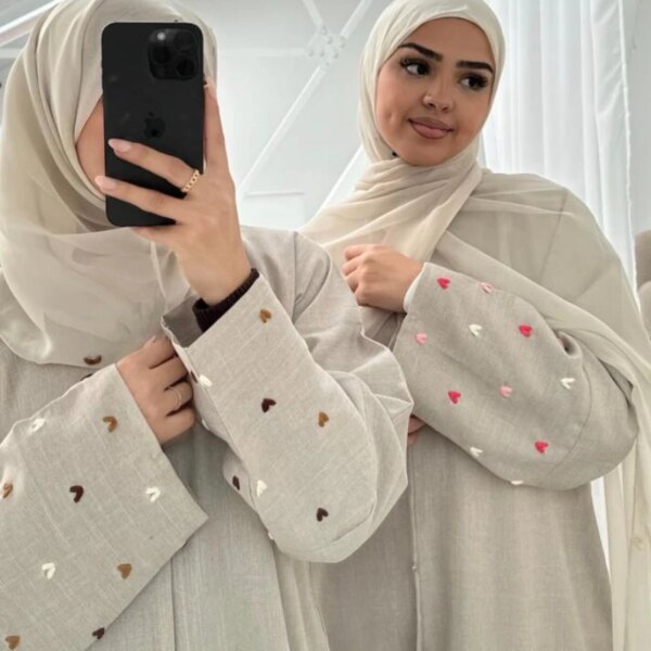 Heart Embroidery Thin Linen Open Abaya Kimono Muslim Dress Abayas for Women Dubai Luxury Turkey Ramadan Eid Islam Clothes Kaftan
