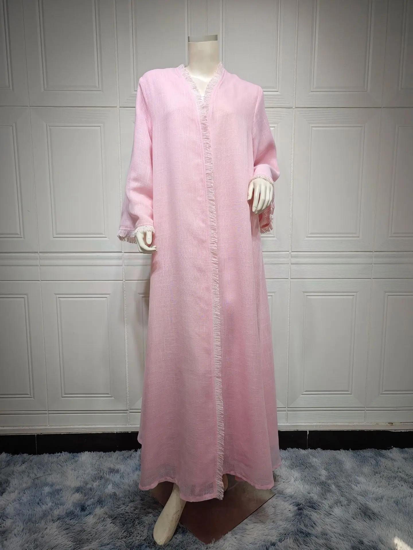 Cotton And Linen Open Pink Abaya Dubai Luxury Muslim Dresses Woman Large Size For Party Evening Cardigan Islamic Clothing Women