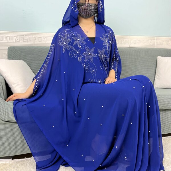 Muslim Open Abayas For Women 2024 Chiffon Beading Set Diamonds Dubai Islam Prayer Garment Sets African Boubou Dress With Hooded
