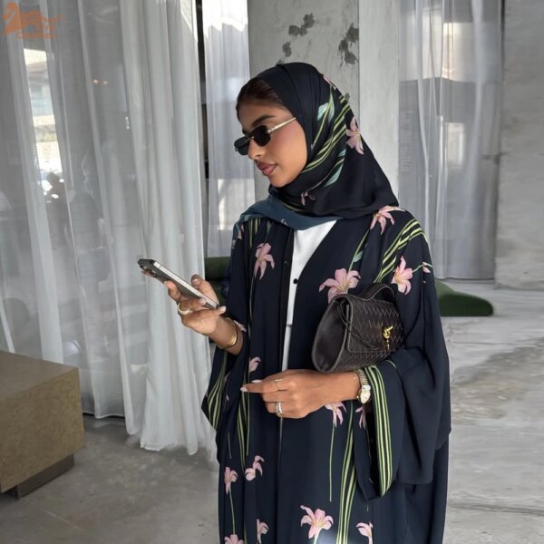 Uni New Elegant Floral Print Open Abayas with Hijab Included Morocco Casual Cardigan Dress Women Muslim