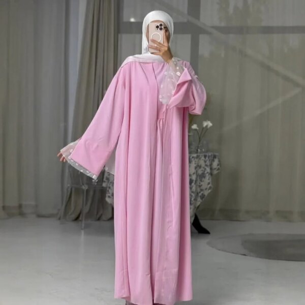 2PCS Satin Muslim Sets for Women Lace Kimono Jalabiya Long Dress Dubai Open Abaya Turkey Kaftan Ramadan Islam Clothing Kebaya