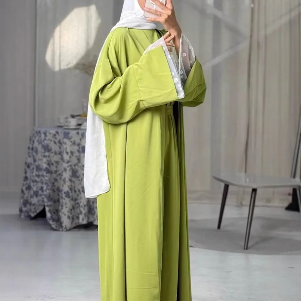 2PCS Satin Muslim Sets for Women Lace Kimono Jalabiya Long Dress Dubai Open Abaya Turkey Kaftan Ramadan Islam Clothing Kebaya