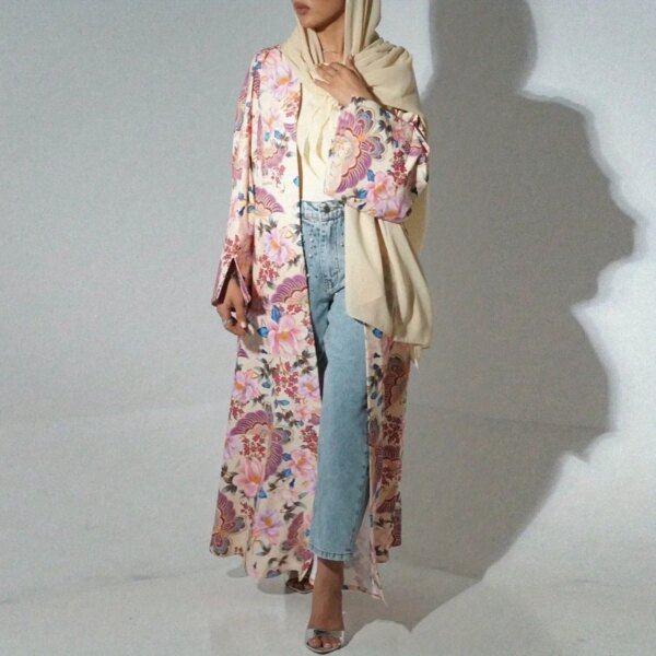Middle Eastern Women Loose Abaya Muslim Full Sleeve Printed Floral Open Front Abayas Jilbabs Islamic Maxi Dresses Turkey Kaftans