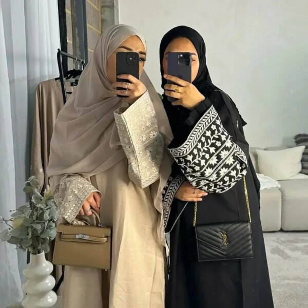 Embroidery Linen Open Abaya Kimono Muslim Abayas for Women Dubai Luxury Turkey Ramadan African Islamic Clothes Kaftan Hijab Robe