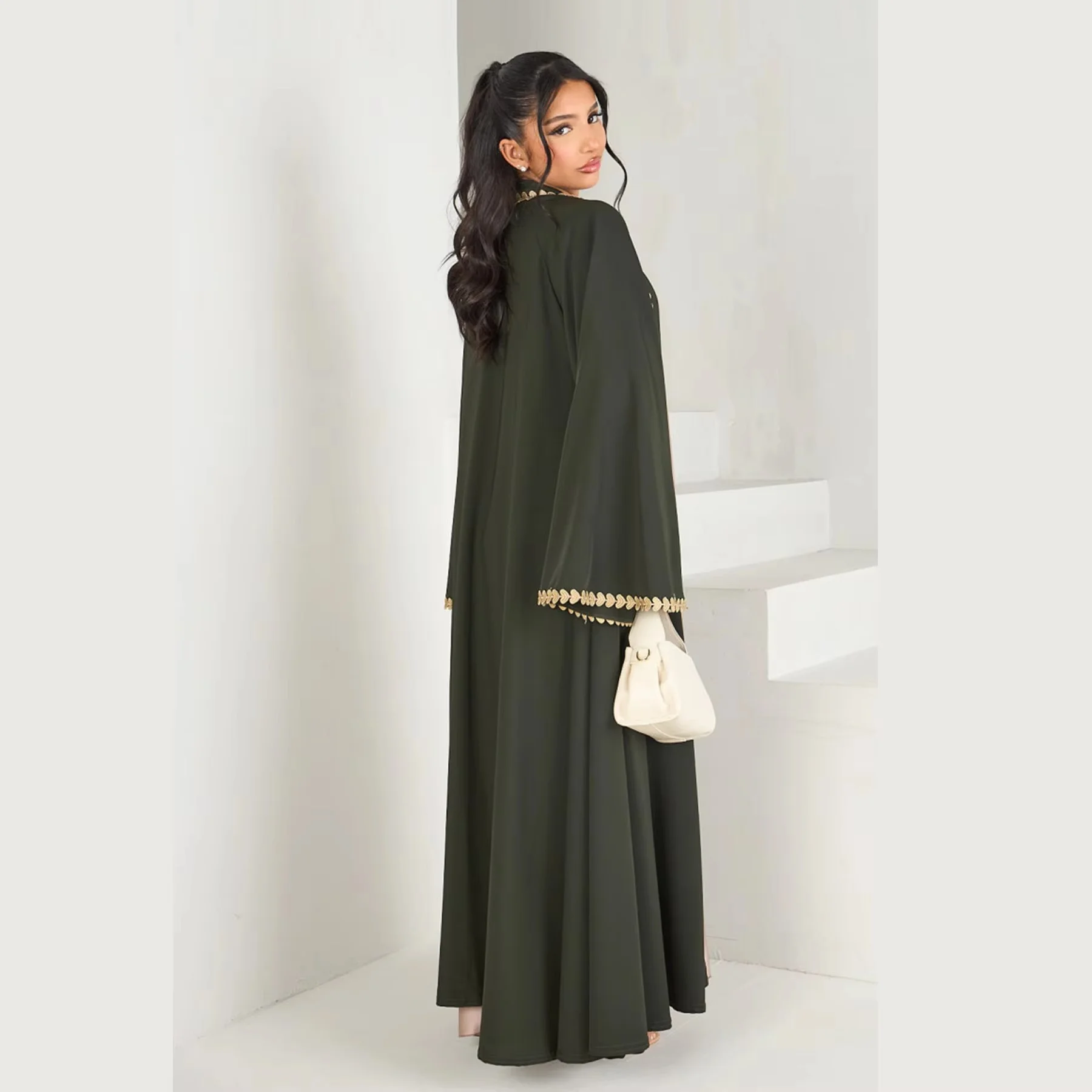 Muslim Womens Black Abaya with Gold Heart Loose Robe for Islamic Modest Fashion Daily Wear Prayers Weddings Religious Events