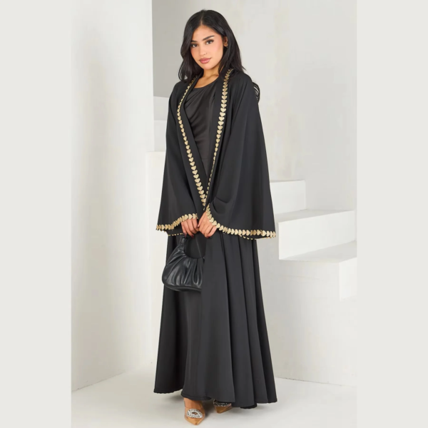 Muslim Womens Black Abaya with Gold Heart Loose Robe for Islamic Modest Fashion Daily Wear Prayers Weddings Religious Events