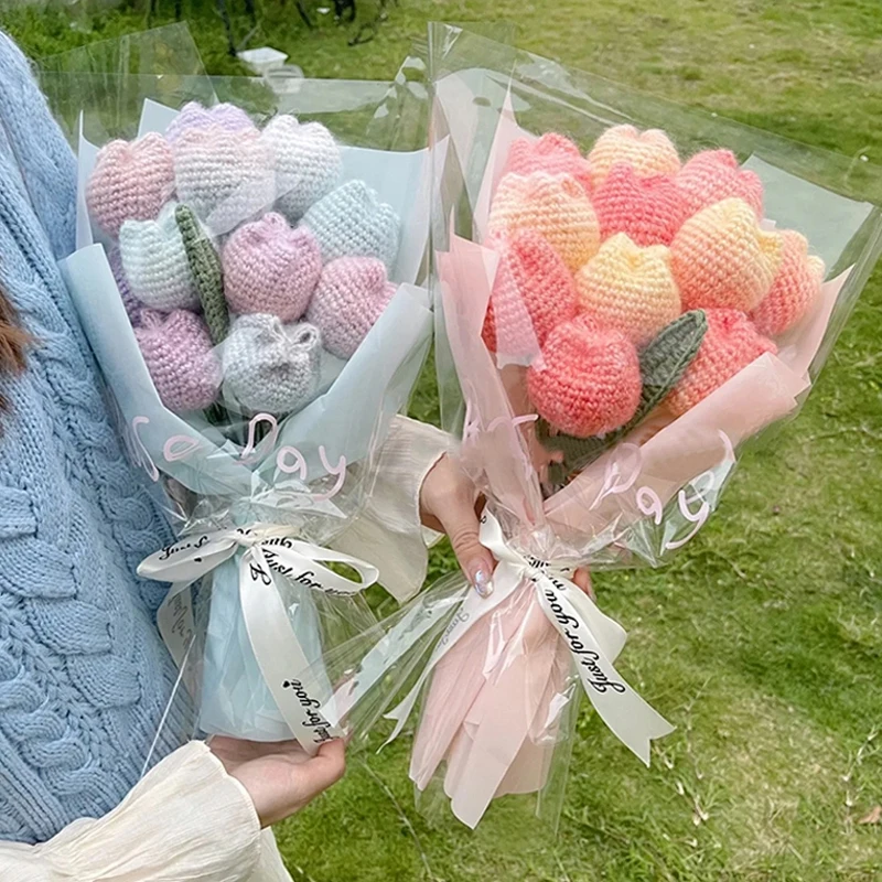 1pc Tulip Crochet Flowers Artificial Woven Flowers Handmade Tulipanes Wedding Gift for Guest Home Decoration Mother's Day Gift