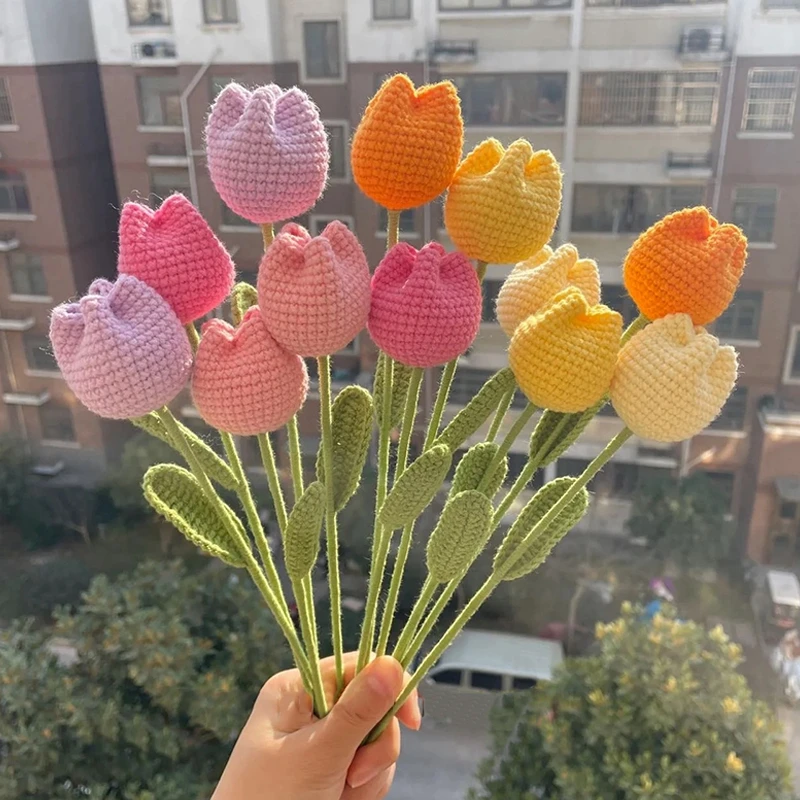 1pc Tulip Crochet Flowers Artificial Woven Flowers Handmade Tulipanes Wedding Gift for Guest Home Decoration Mother's Day Gift