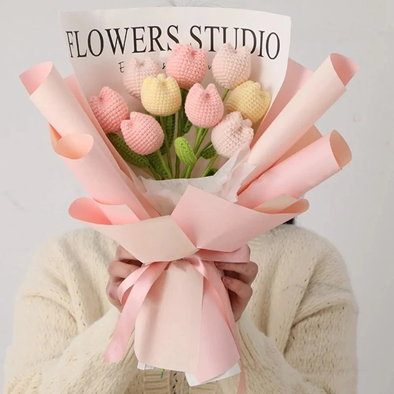 1pc Tulip Crochet Flowers Artificial Woven Flowers Handmade Tulipanes Wedding Gift for Guest Home Decoration Mother's Day Gift
