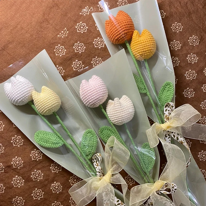 1pc Tulip Crochet Flowers Artificial Woven Flowers Handmade Tulipanes Wedding Gift for Guest Home Decoration Mother's Day Gift