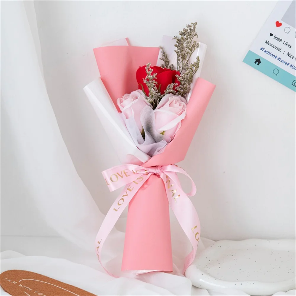Artificial Soap Flower Rose Bouquet Gift Bags Valentine'S Day Birthday Gift Wedding Home Decor 3 Heads Rose Soap Bouquet Gift