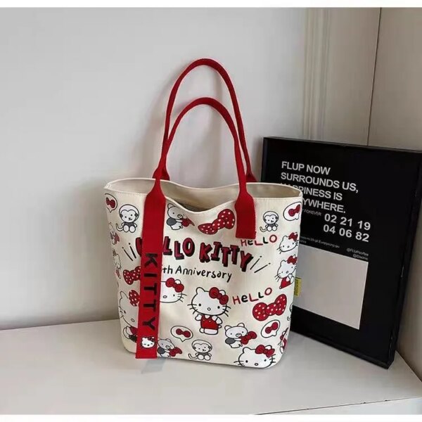 Sanrio Hello Kitty Canvas Shoulder Bag Cute Cartoon KT Cat Large Capacity Handbag Girls Backpack Schoolbag Holiday Gifts