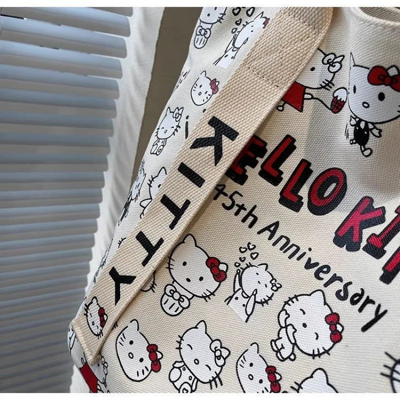 Sanrio Hello Kitty Canvas Shoulder Bag Cute Cartoon KT Cat Large Capacity Handbag Girls Backpack Schoolbag Holiday Gifts