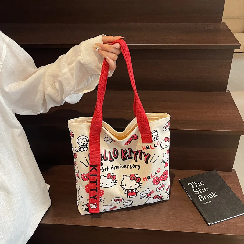 Sanrio Hello Kitty Canvas Shoulder Bag Cute Cartoon KT Cat Large Capacity Handbag Girls Backpack Schoolbag Holiday Gifts