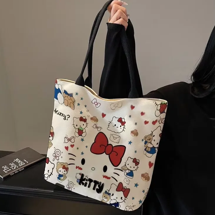 Sanrio Hello Kitty Canvas Shoulder Bag Cute Cartoon KT Cat Large Capacity Handbag Girls Backpack Schoolbag Holiday Gifts