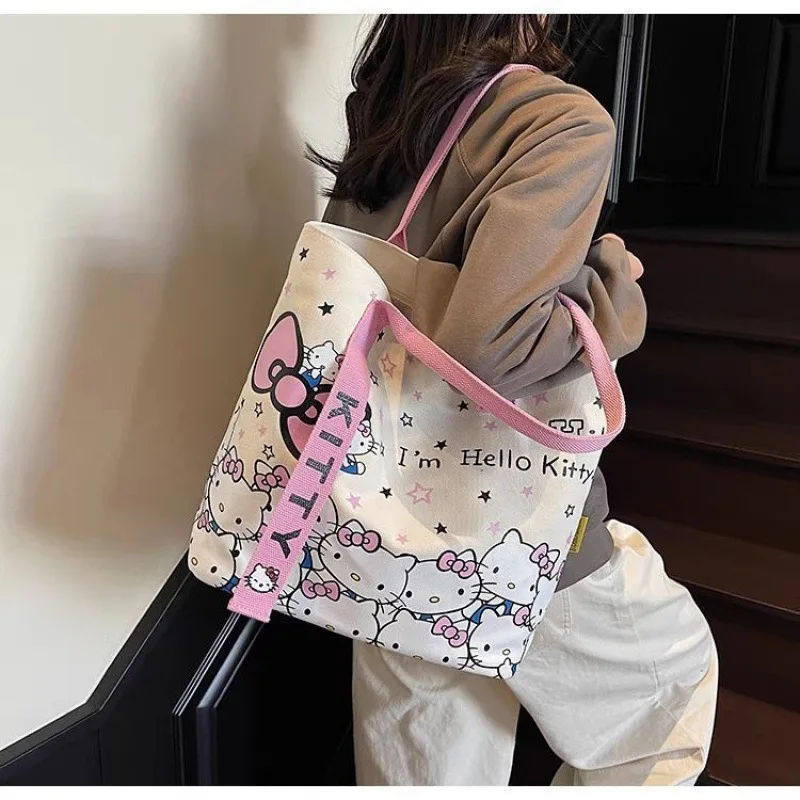 Sanrio Hello Kitty Canvas Shoulder Bag Cute Cartoon KT Cat Large Capacity Handbag Girls Backpack Schoolbag Holiday Gifts