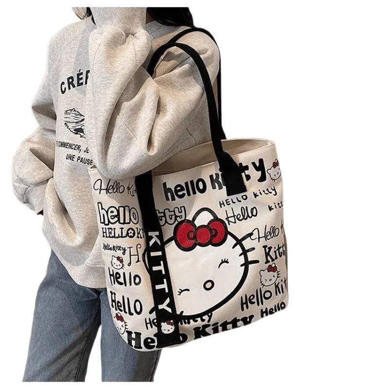 Sanrio Hello Kitty Canvas Shoulder Bag Cute Cartoon KT Cat Large Capacity Handbag Girls Backpack Schoolbag Holiday Gifts