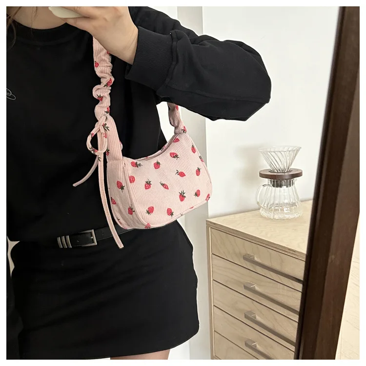 Women Small Underarm Bag Corduroy Handbag Cute Strawberry Print Little Tote Half Moon Design Eco Cloth Purse Mini Shoulder Bags
