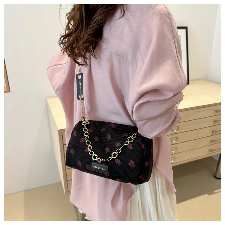 Women Small Underarm Bag Corduroy Handbag Cute Strawberry Print Little Tote Half Moon Design Eco Cloth Purse Mini Shoulder Bags