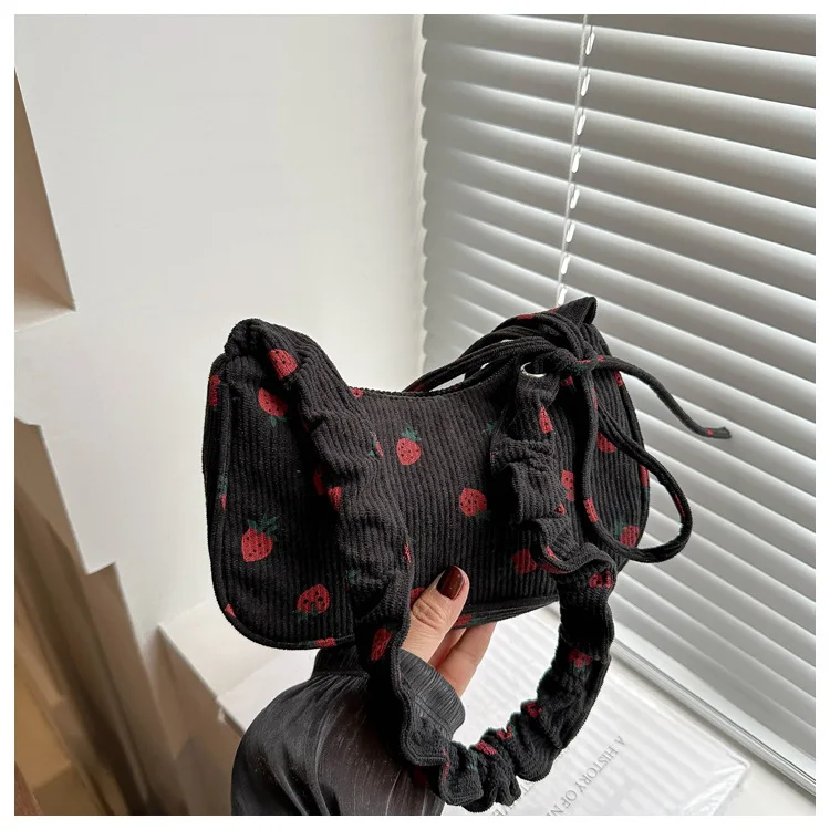 Women Small Underarm Bag Corduroy Handbag Cute Strawberry Print Little Tote Half Moon Design Eco Cloth Purse Mini Shoulder Bags