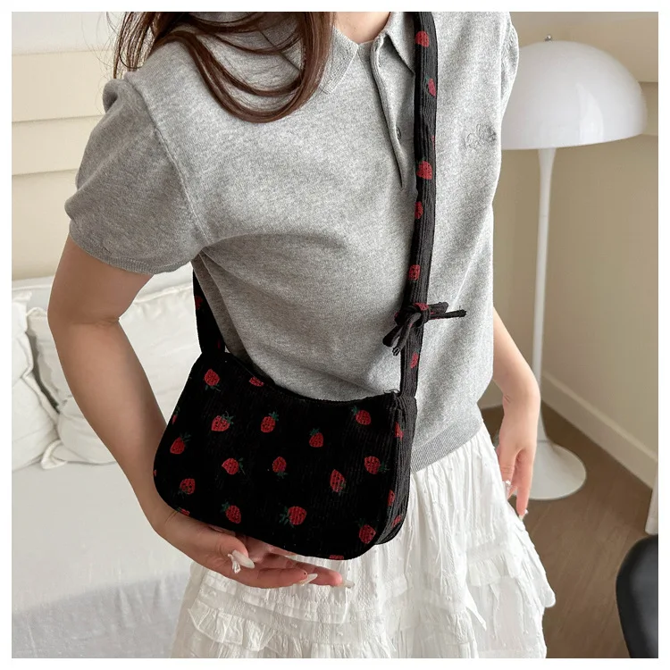 Women Small Underarm Bag Corduroy Handbag Cute Strawberry Print Little Tote Half Moon Design Eco Cloth Purse Mini Shoulder Bags