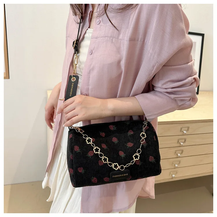 Women Small Underarm Bag Corduroy Handbag Cute Strawberry Print Little Tote Half Moon Design Eco Cloth Purse Mini Shoulder Bags