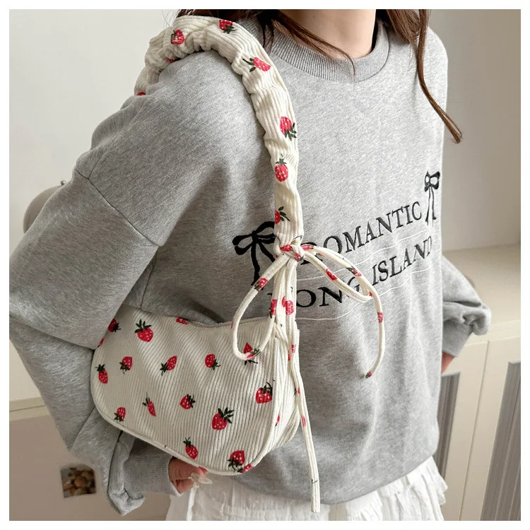 Women Small Underarm Bag Corduroy Handbag Cute Strawberry Print Little Tote Half Moon Design Eco Cloth Purse Mini Shoulder Bags