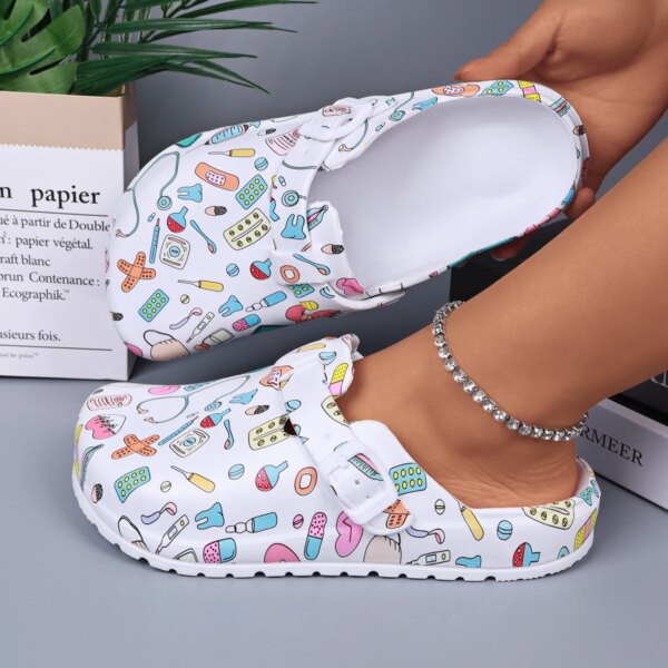 Women's Printed Indoor Sllippers Mule Clogs EVA Anti-slip Work Shoes Flat Soft Sole Adjustable Buckle Closed Toe House Slippers